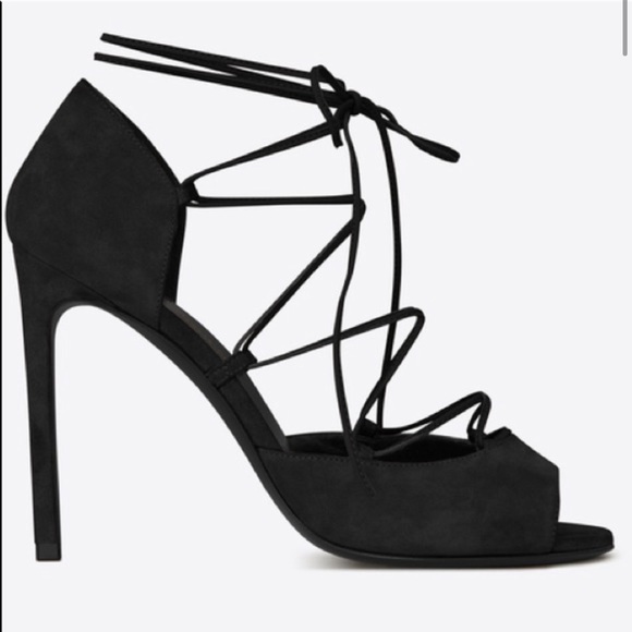 Saint Laurent Black Open Toe Lace Up Suede Sandals - Picture 1 of 5